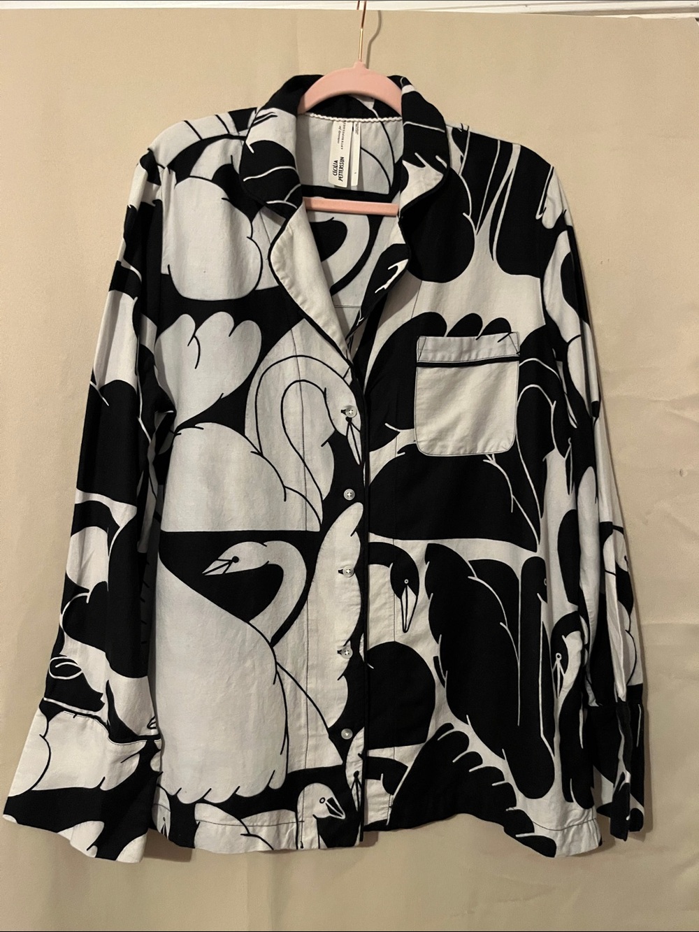 Cecilia Petterson for Anthropologie Black & White Swan-Print Pajama-Style Shirt